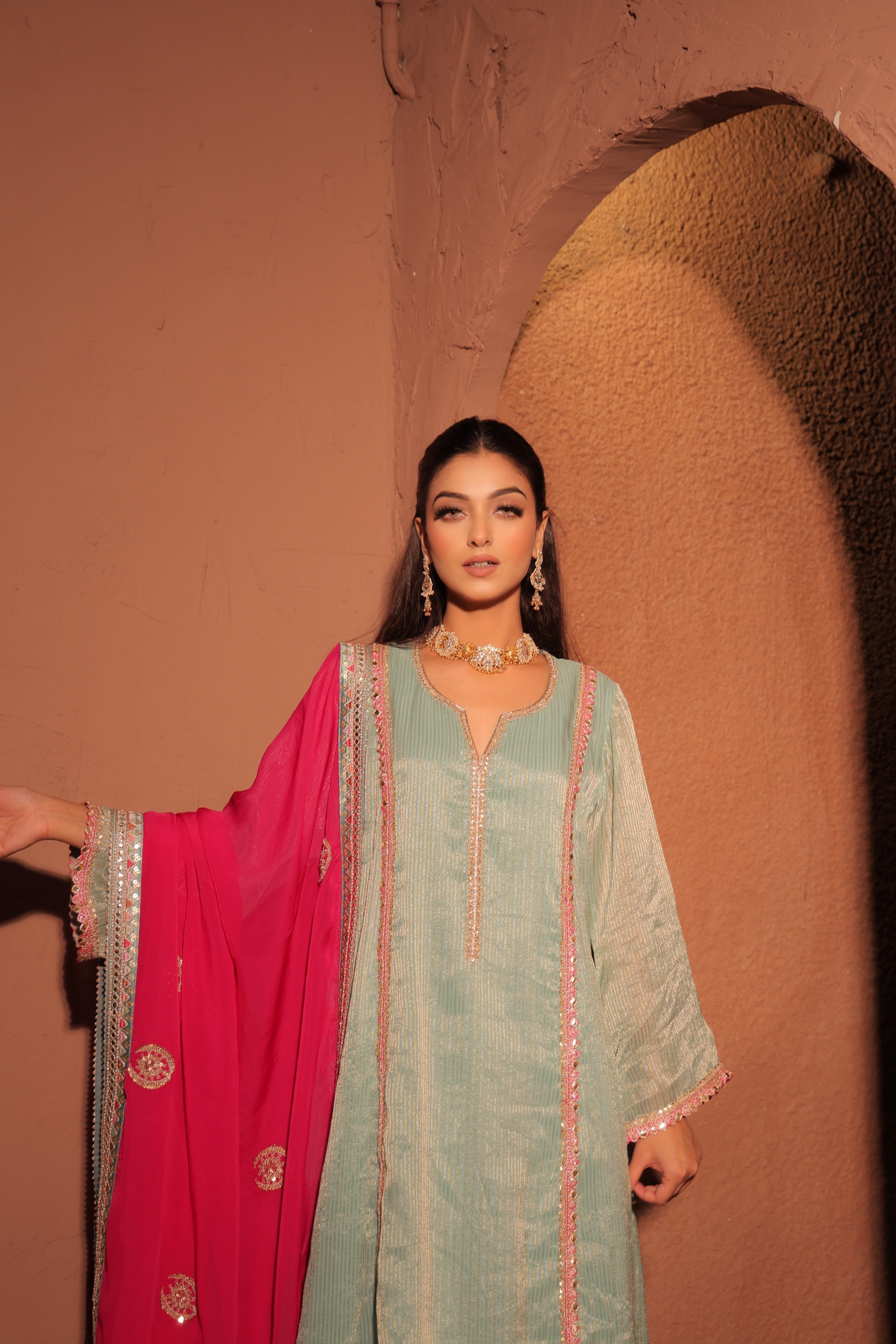 Aqua Blue and Fuchsia Kurta Set