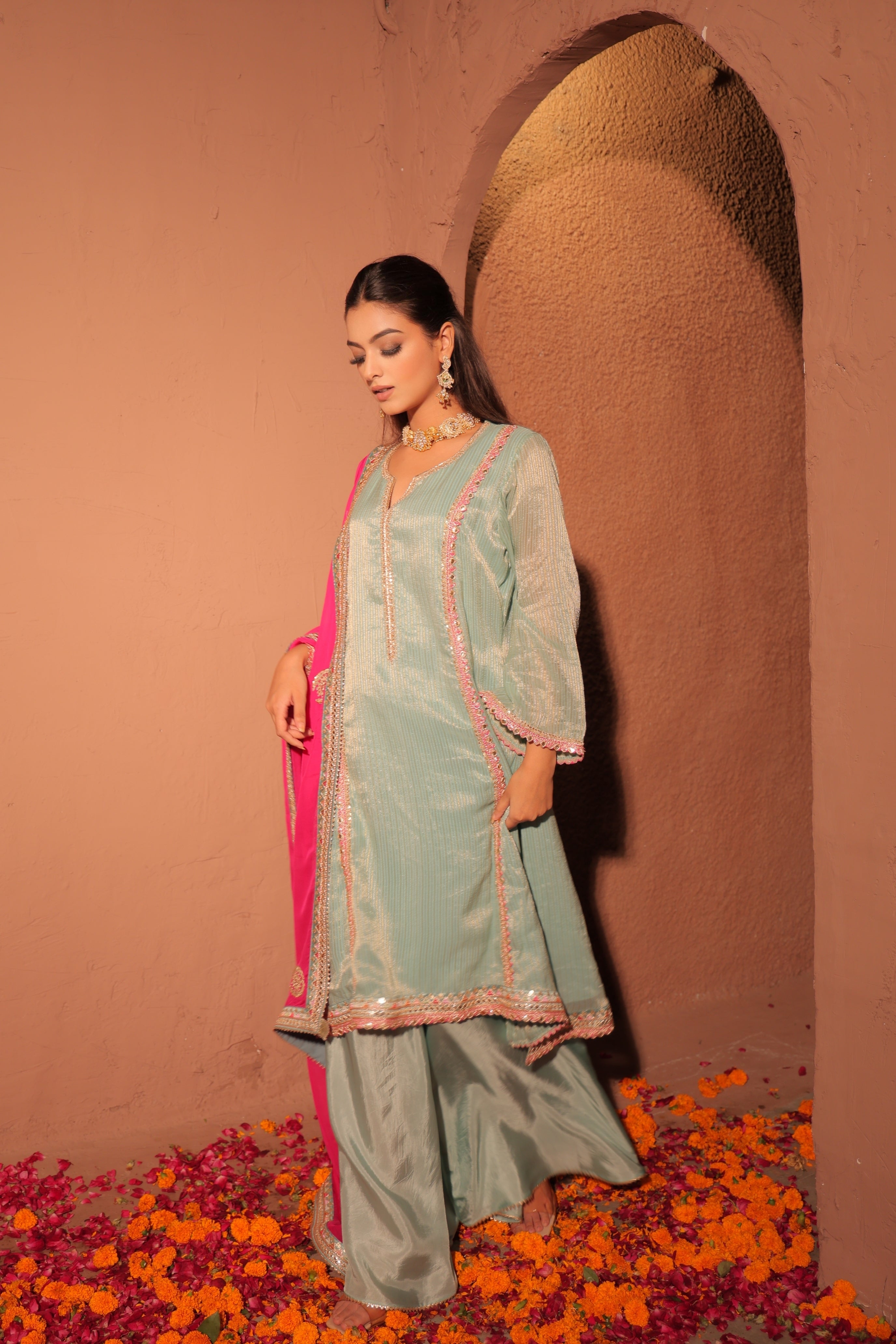 Aqua Blue and Fuchsia Kurta Set