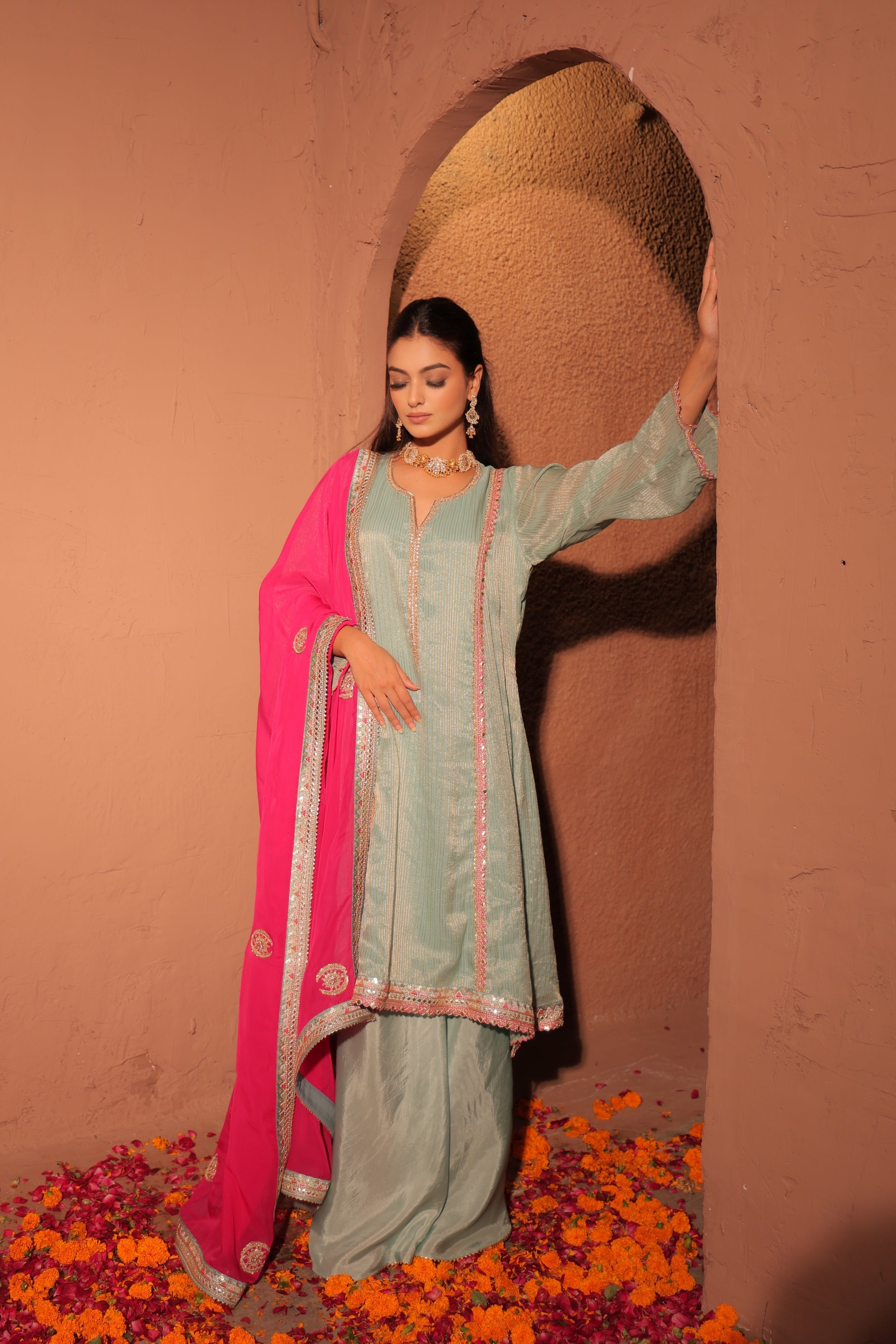 Aqua Blue and Fuchsia Kurta Set