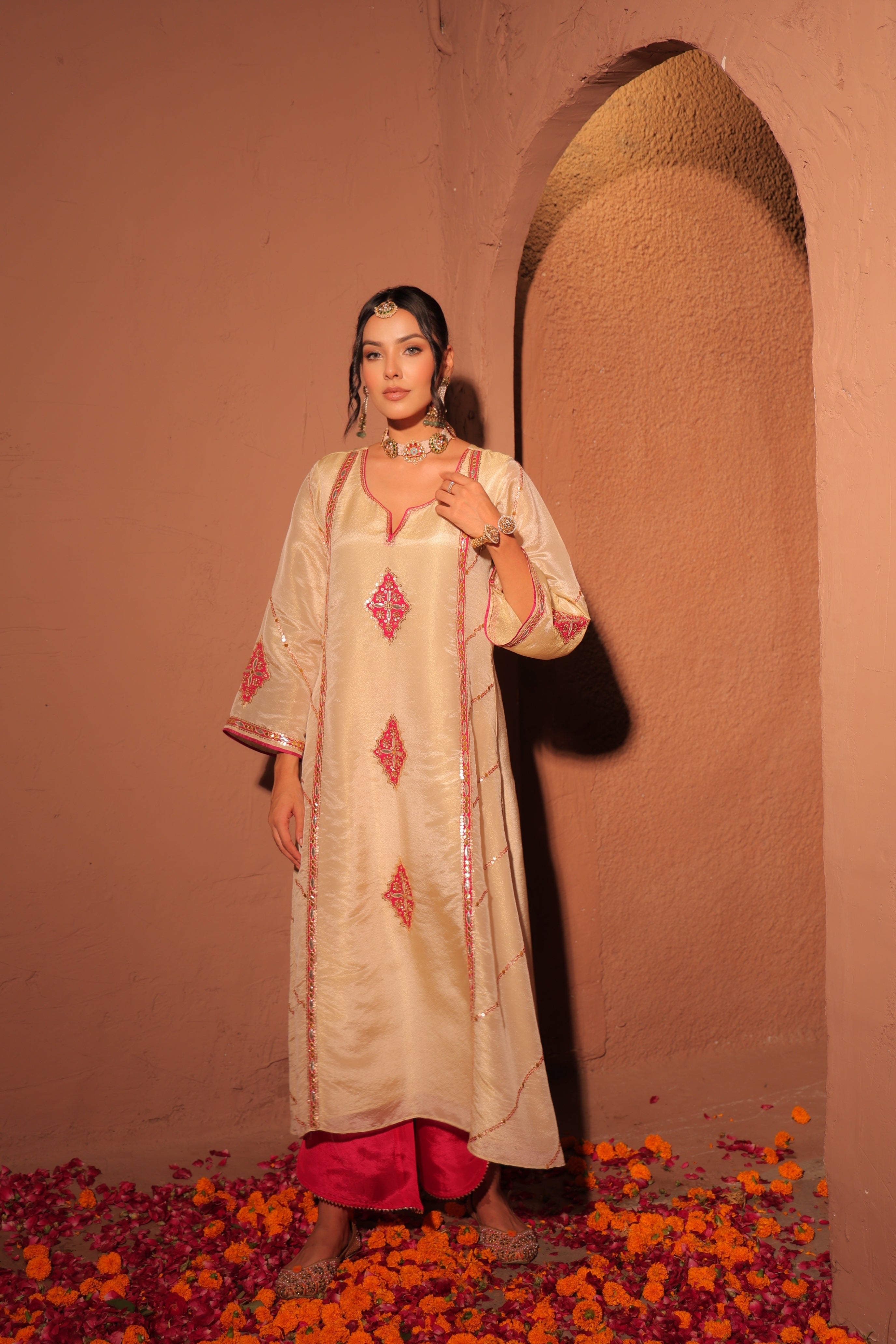 Ivory and Pink Banarasi Kurta Set