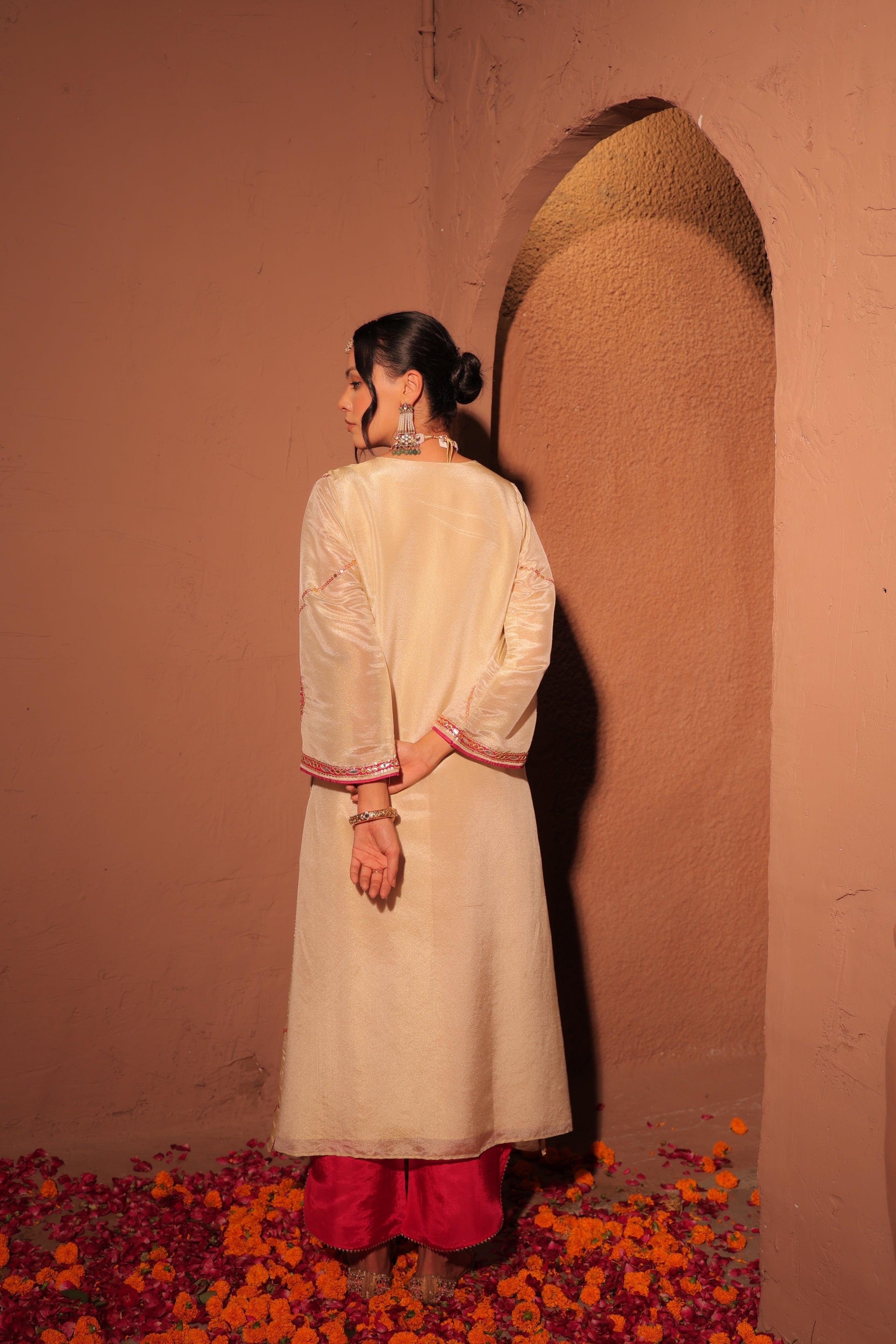 Ivory and Pink Banarasi Kurta Set