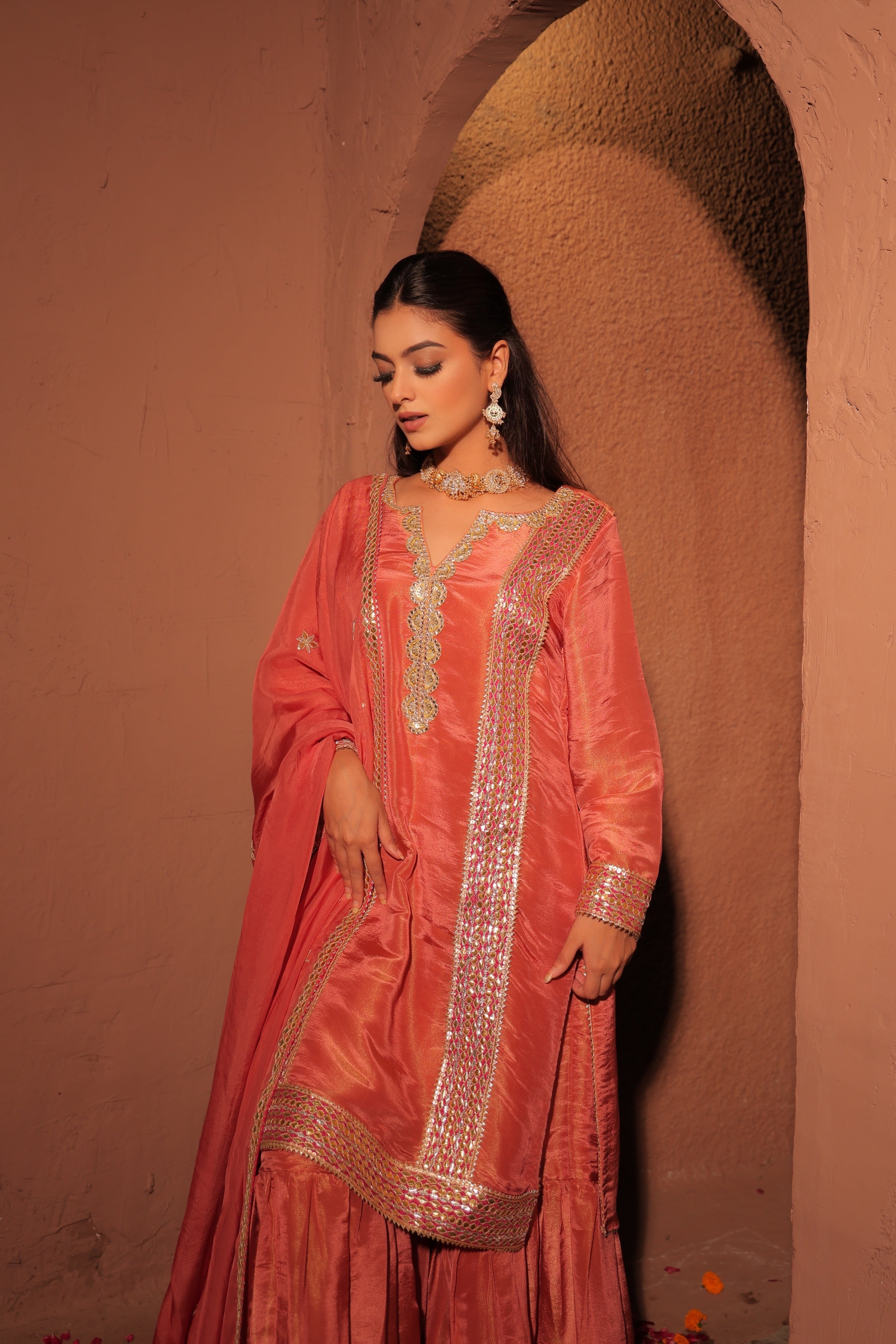 Coral Pink Gota Patti Kurta Set