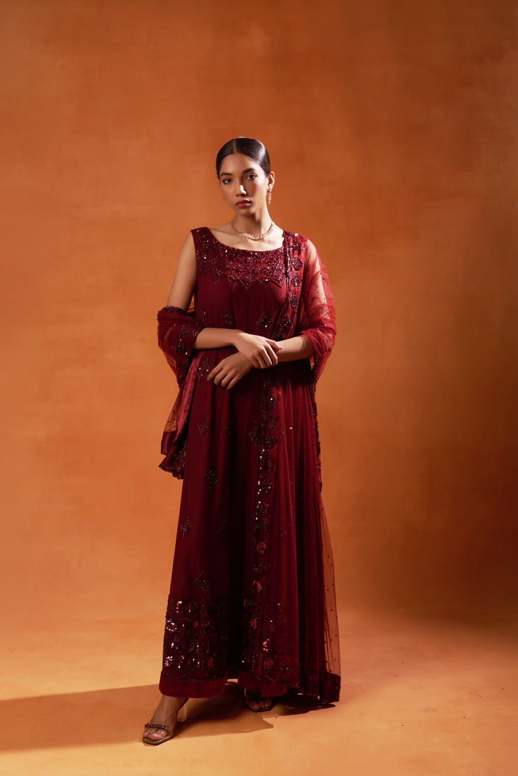 Deep Maroon Anarkali with Sequin Embellishments