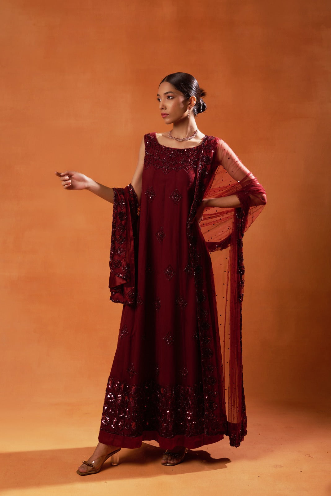 Deep Maroon Anarkali with Sequin Embellishments