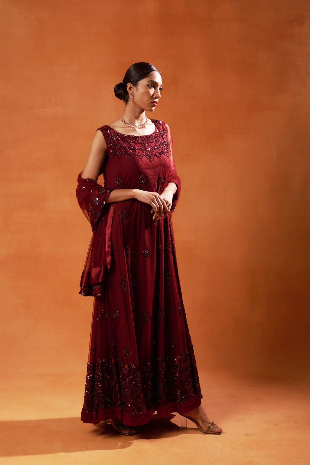 Deep Maroon Anarkali with Sequin Embellishments