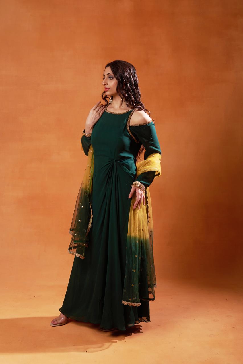 Forest Green Anarkali with Cold Shoulder Design