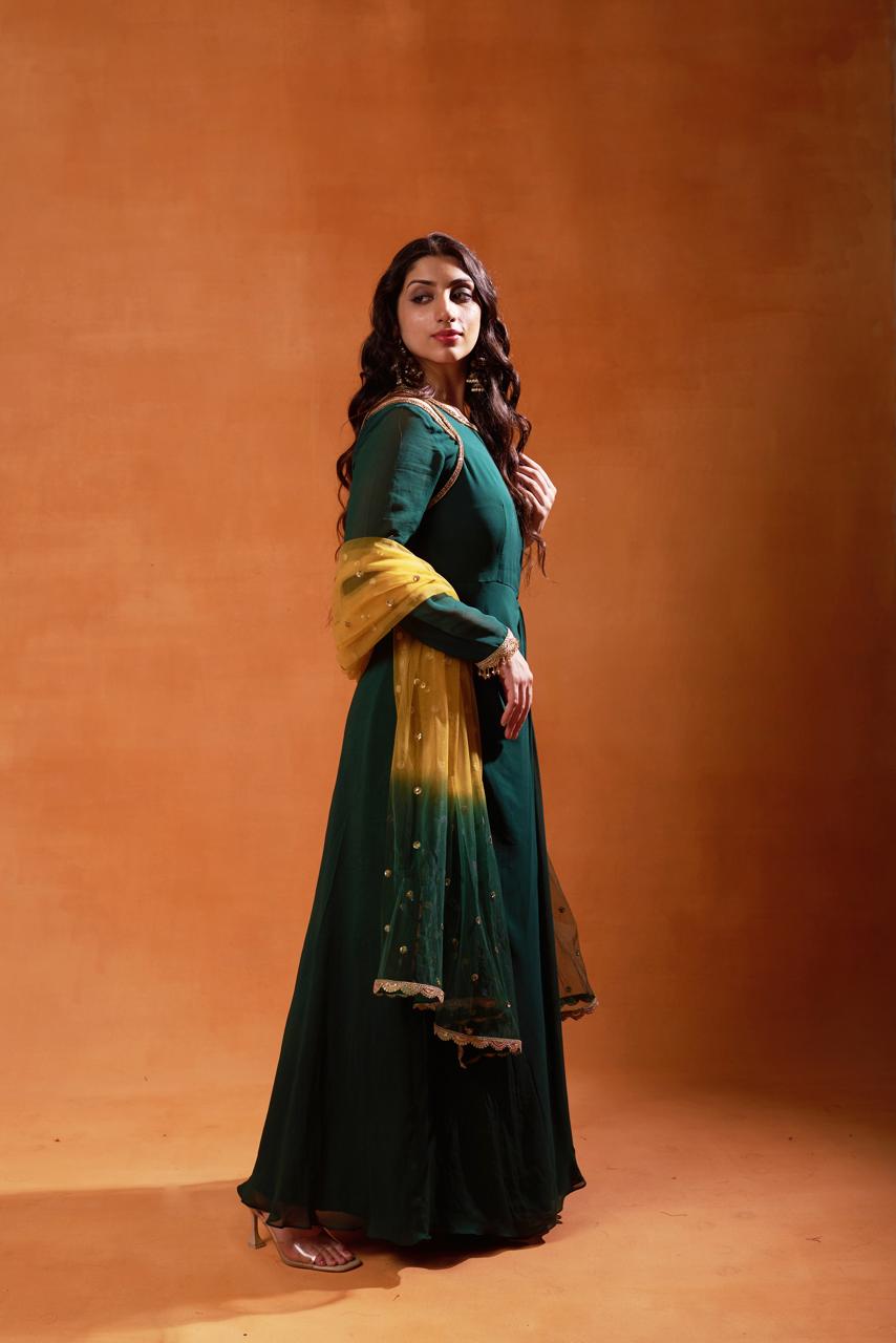 Forest Green Anarkali with Cold Shoulder Design