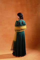 Forest Green Anarkali with Cold Shoulder Design