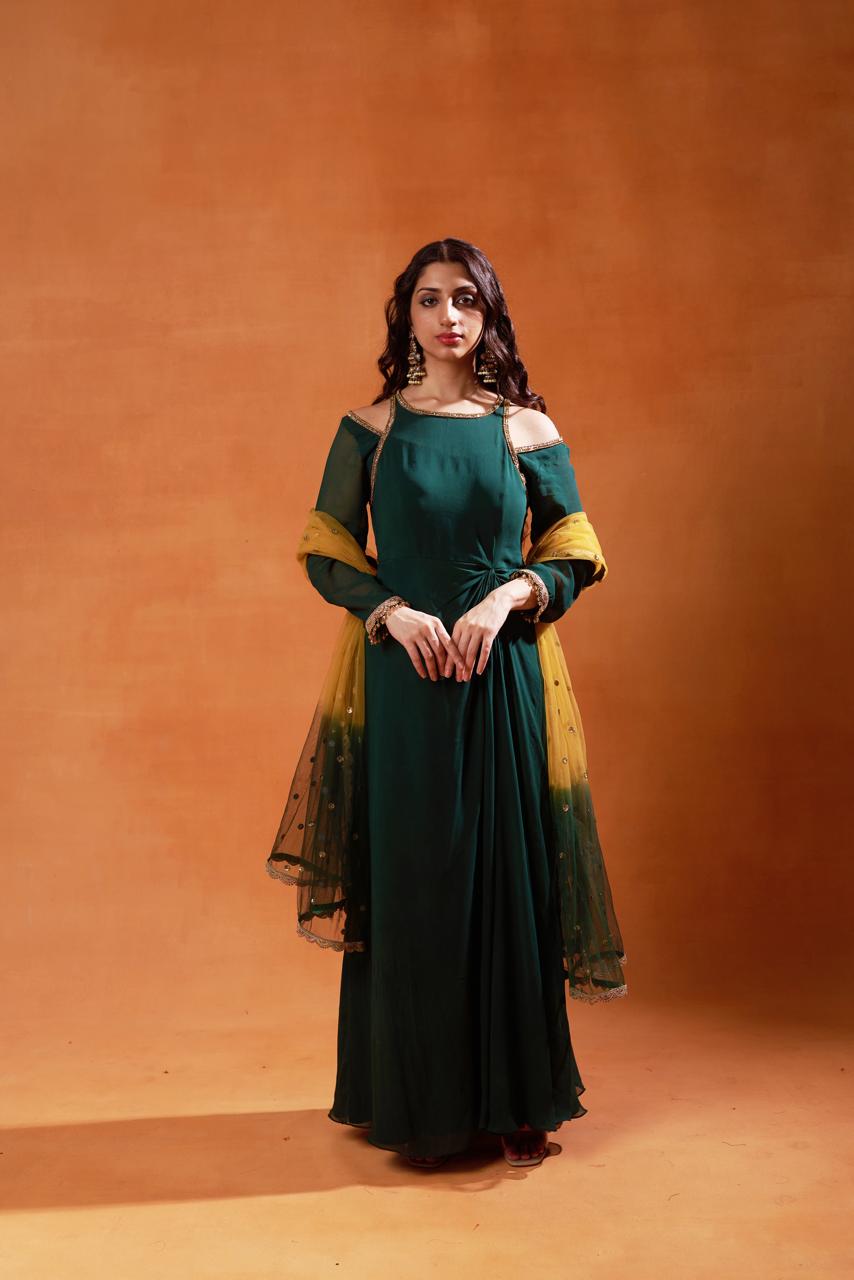 Forest Green Anarkali with Cold Shoulder Design