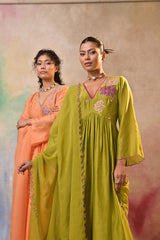 Olive Green Floral Embroidered Salwar Kameez Set