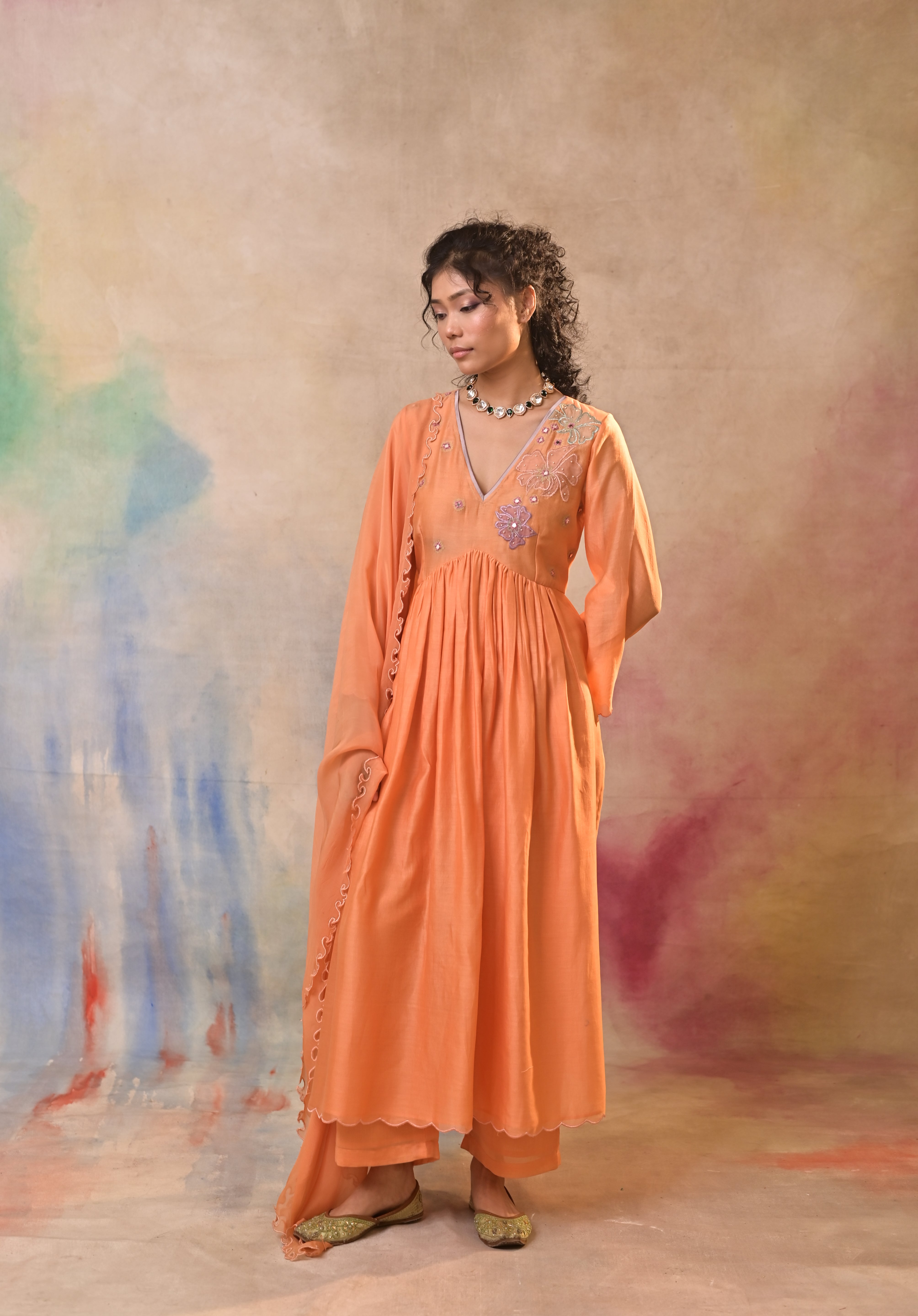 Peach Floral Embroidered Salwar Kameez Set