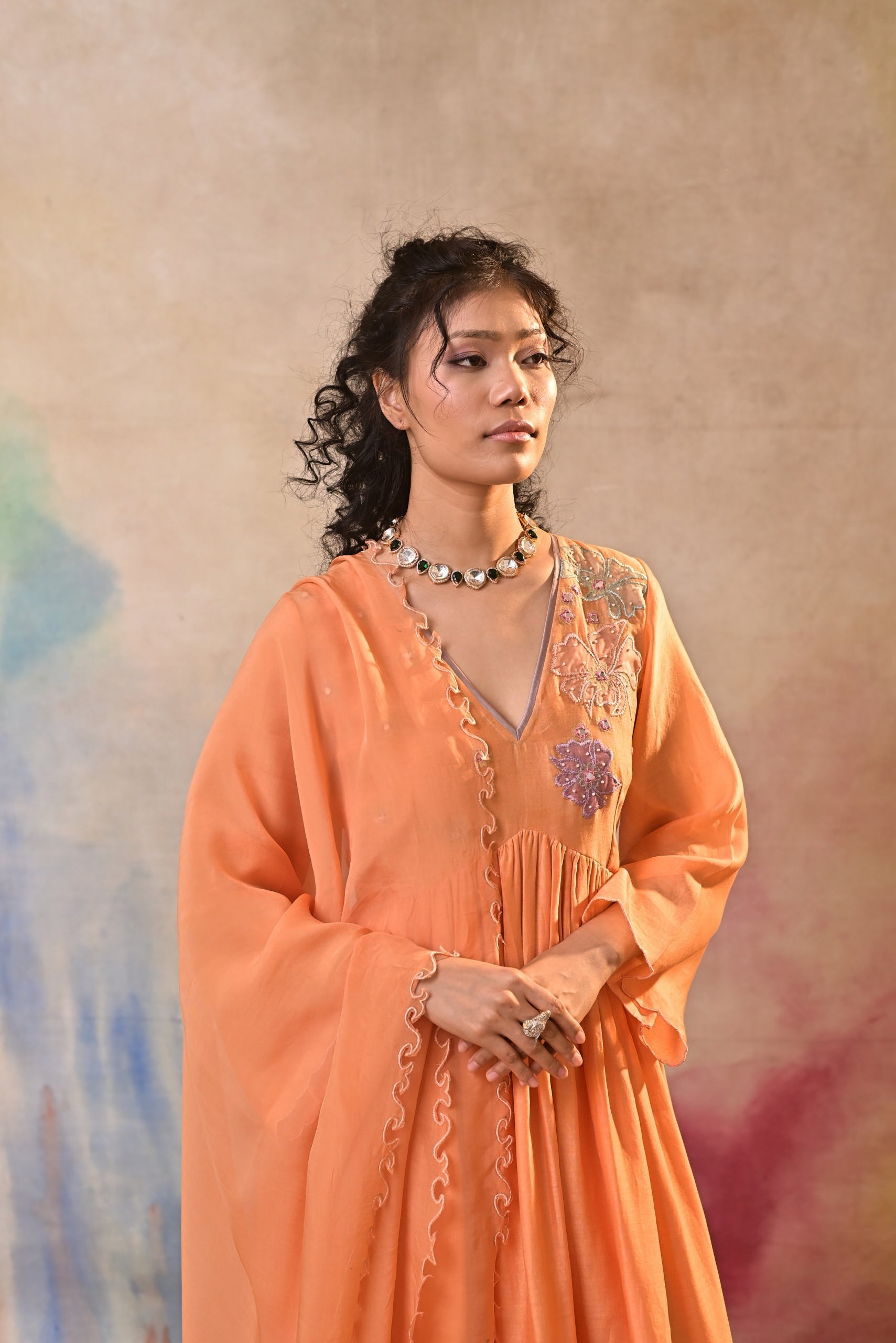 Peach Floral Embroidered Salwar Kameez Set