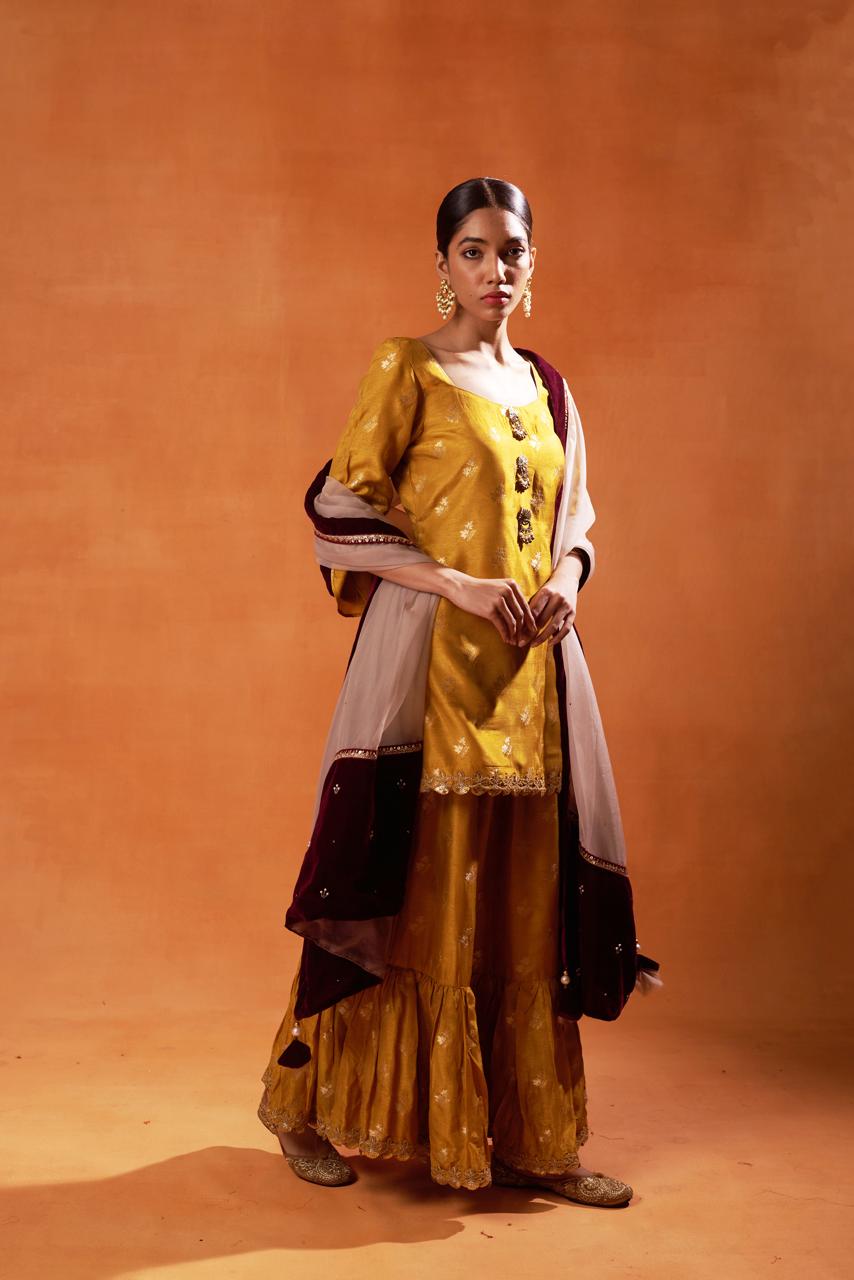 Mustard Yellow Embroidered Sharara Set