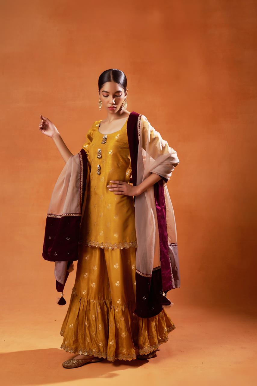 Mustard Yellow Embroidered Sharara Set