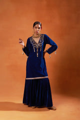 Royal Blue Velvet Embroidered Sharara Set