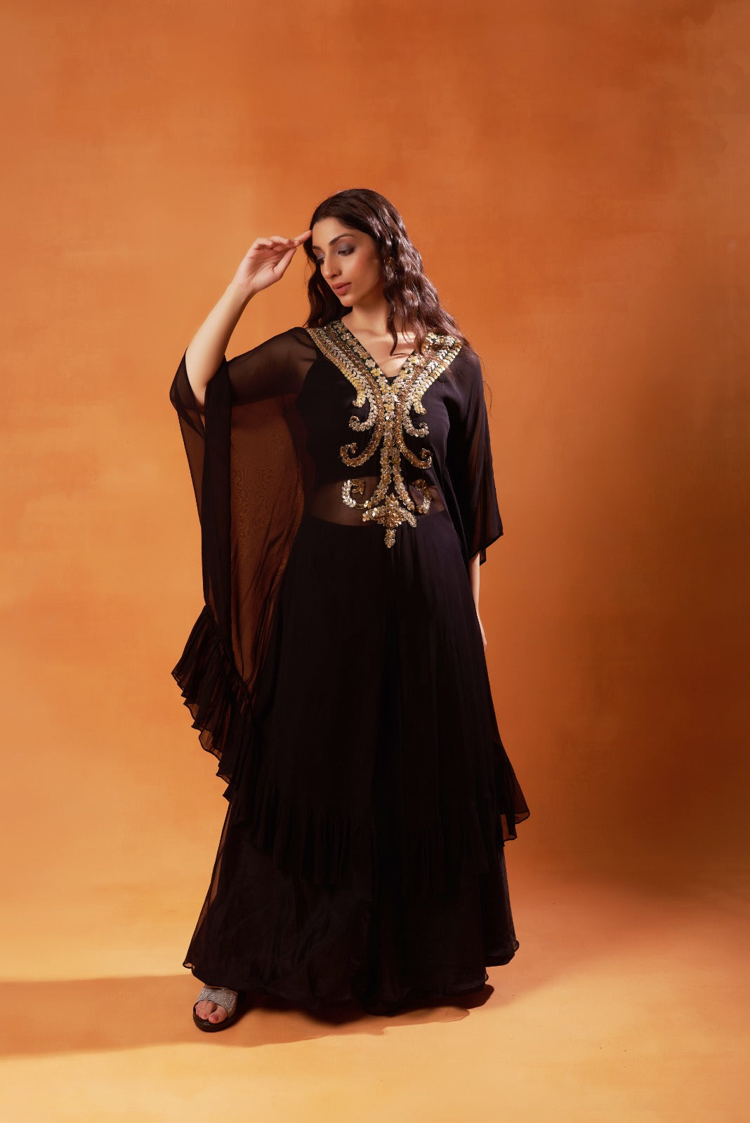 Black Chiffon Kaftan with Gold Embroidery