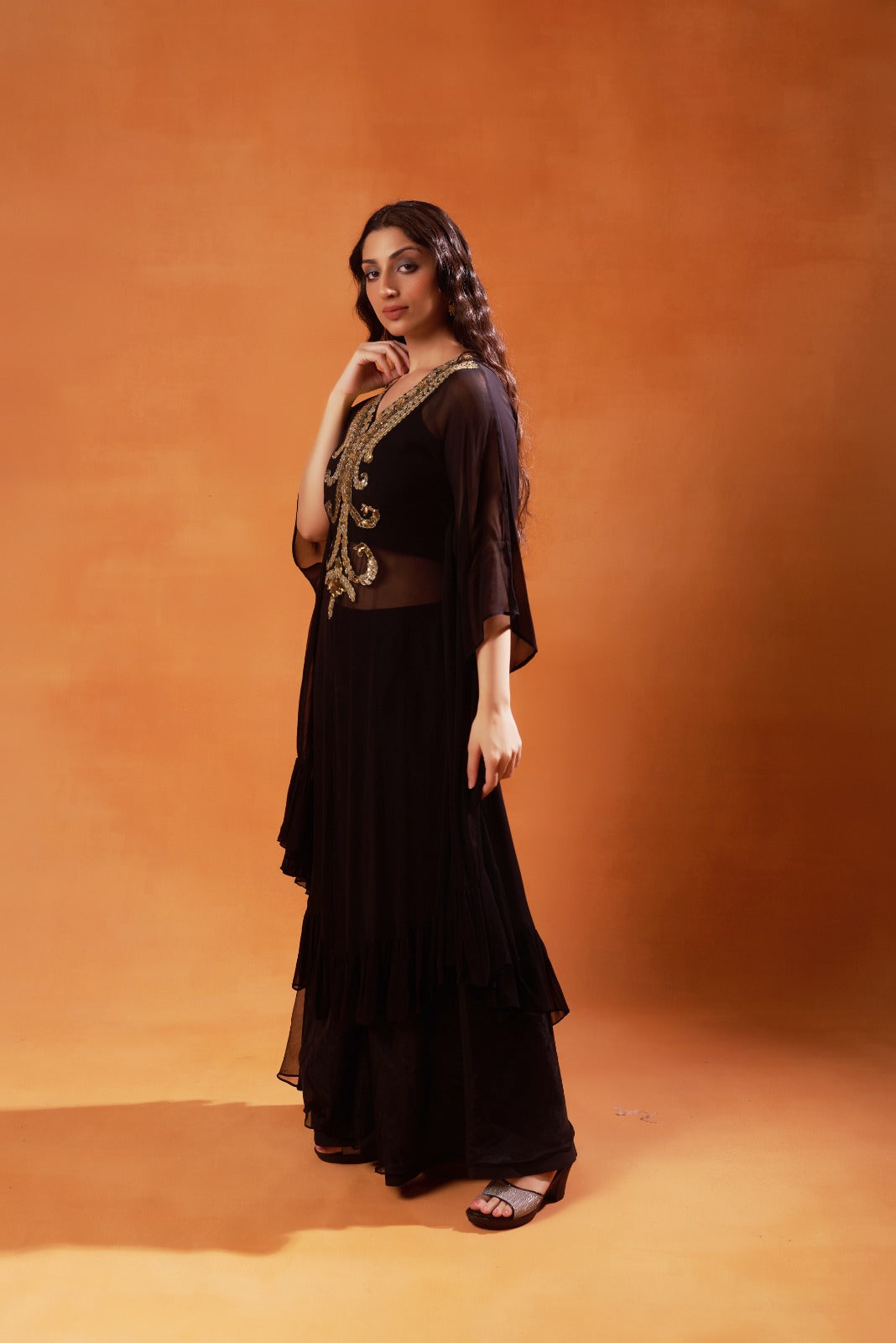 Black Chiffon Kaftan with Gold Embroidery