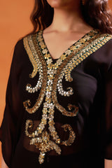 Black Chiffon Kaftan with Gold Embroidery