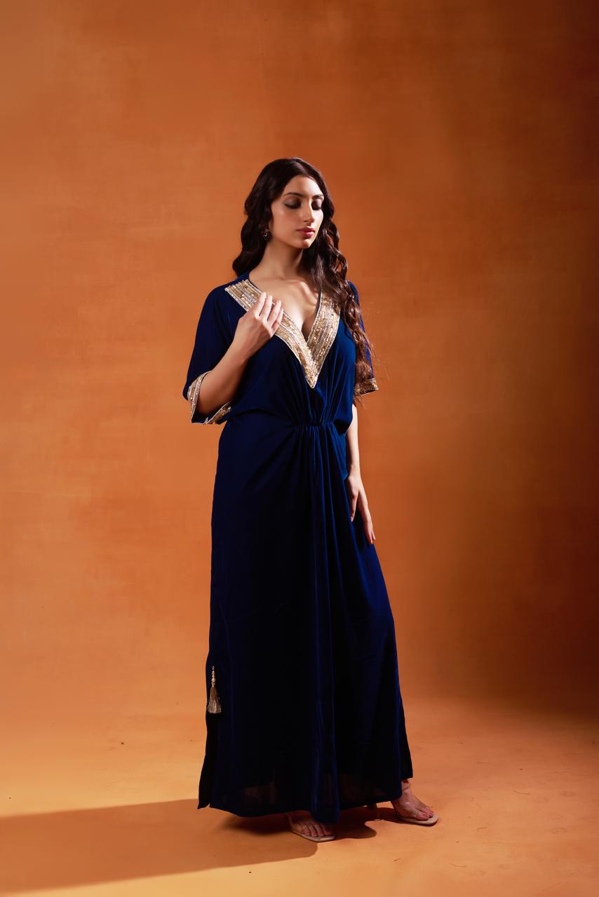 Elegant Navy Blue Kaftan with Gold Accents