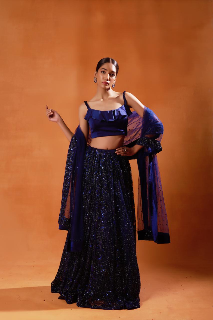 Navy Blue Sequined Lehenga Set