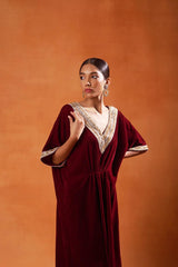 Burgundy Velvet Kaftan with Gold Embellishments