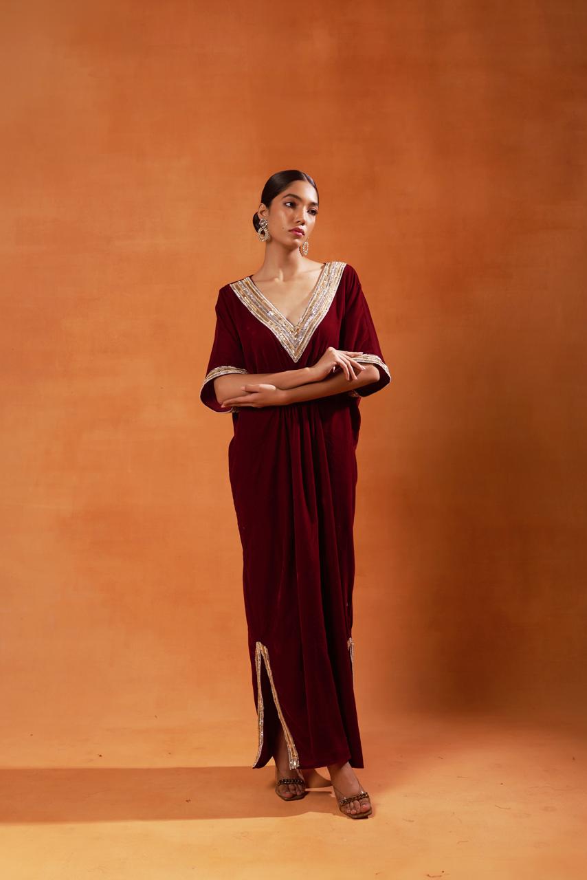 Burgundy Velvet Kaftan with Gold Embellishments