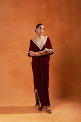 Burgundy Velvet Kaftan with Gold Embellishments