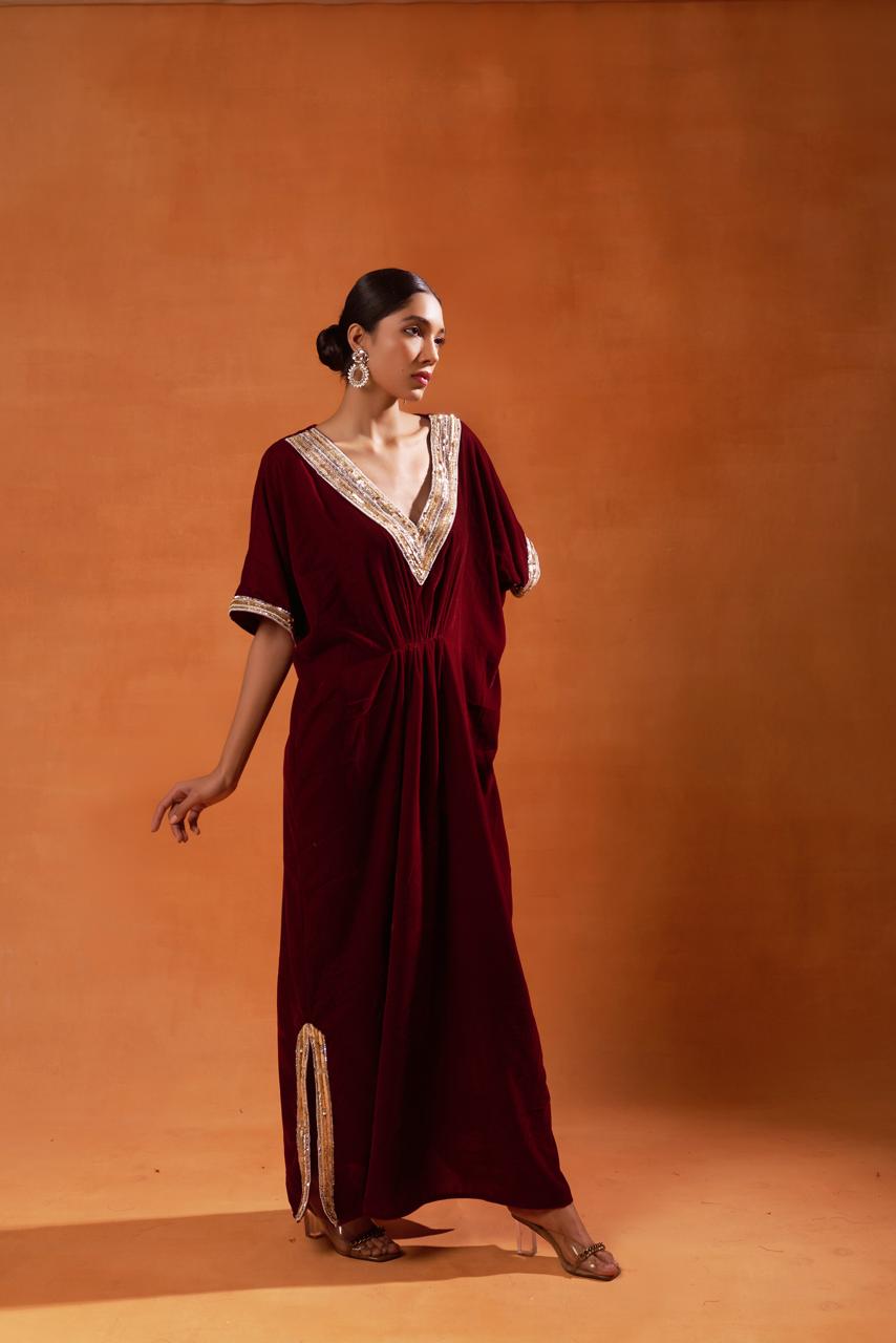 Burgundy Velvet Kaftan with Gold Embellishments