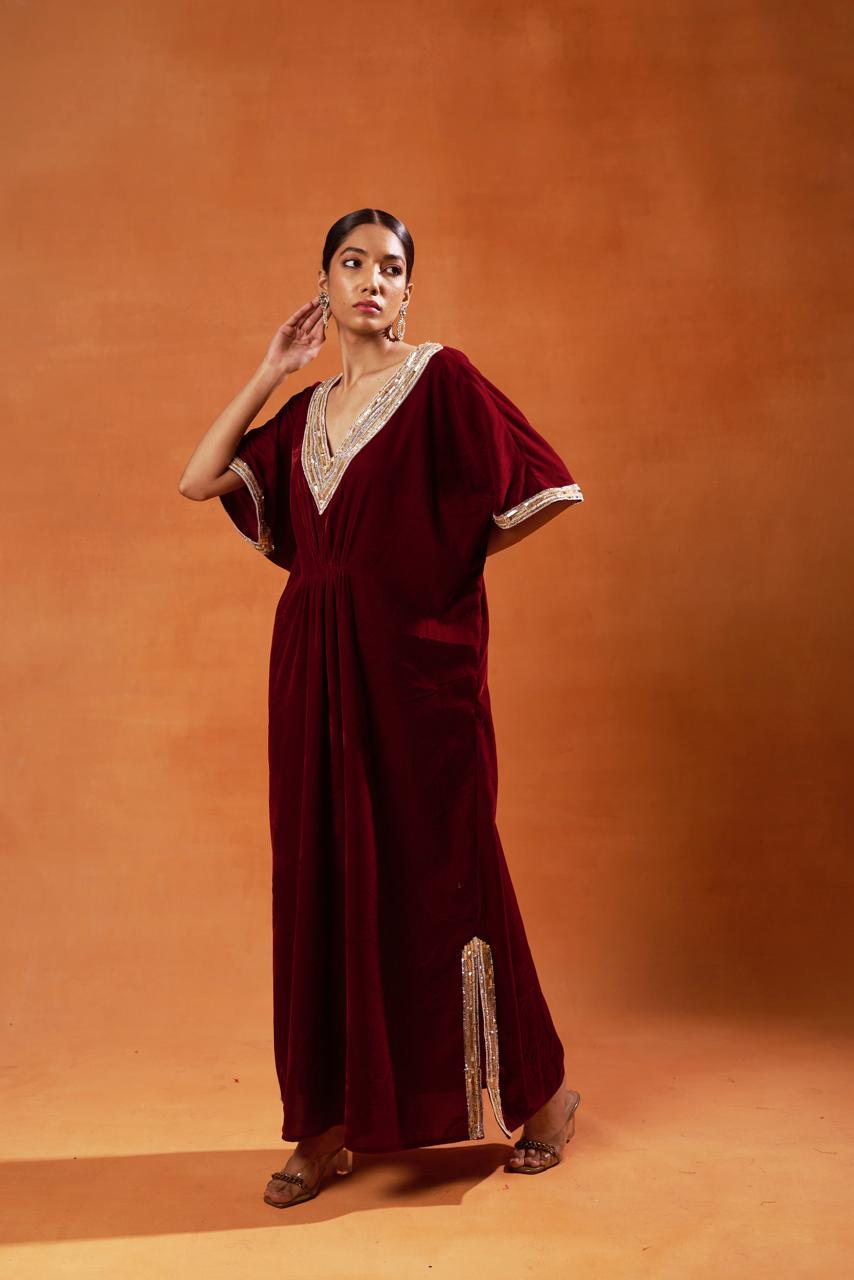 Burgundy Velvet Kaftan with Gold Embellishments