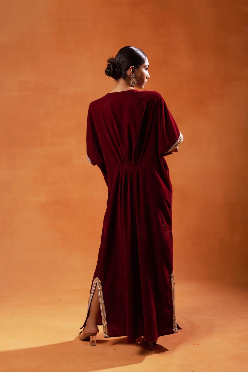 Burgundy Velvet Kaftan with Gold Embellishments