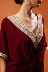 Burgundy Velvet Kaftan with Gold Embellishments