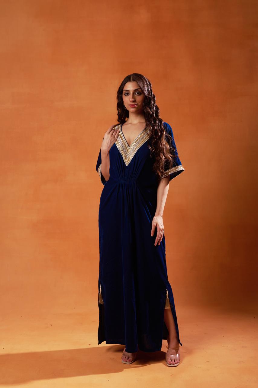 Elegant Navy Blue Kaftan with Gold Accents