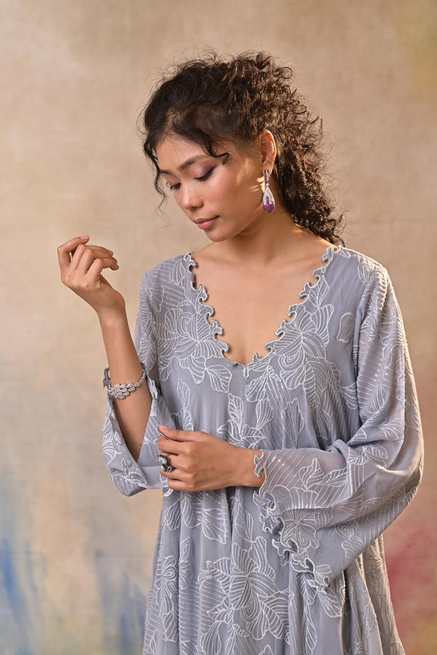 Elegant Grey Embroidered Indo-Western Set