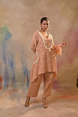 Peach Jacquard Embroidered Cord Set