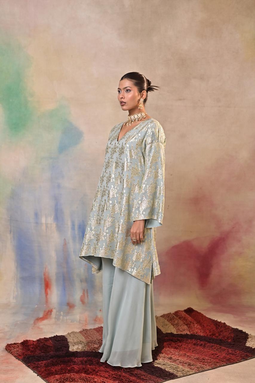 Mint Green Brocade Cord Set with Sharara Pants