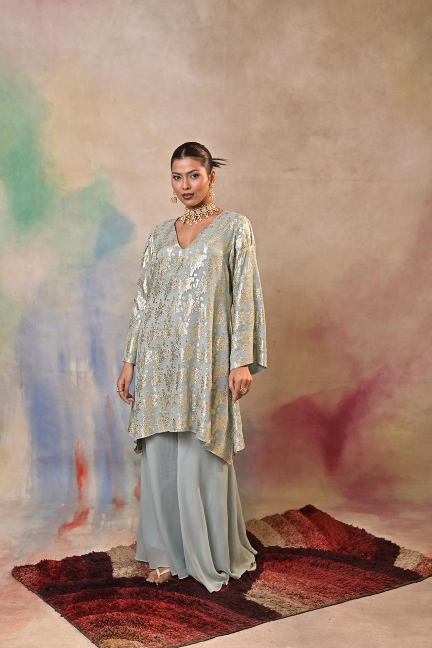 Mint Green Brocade Cord Set with Sharara Pants